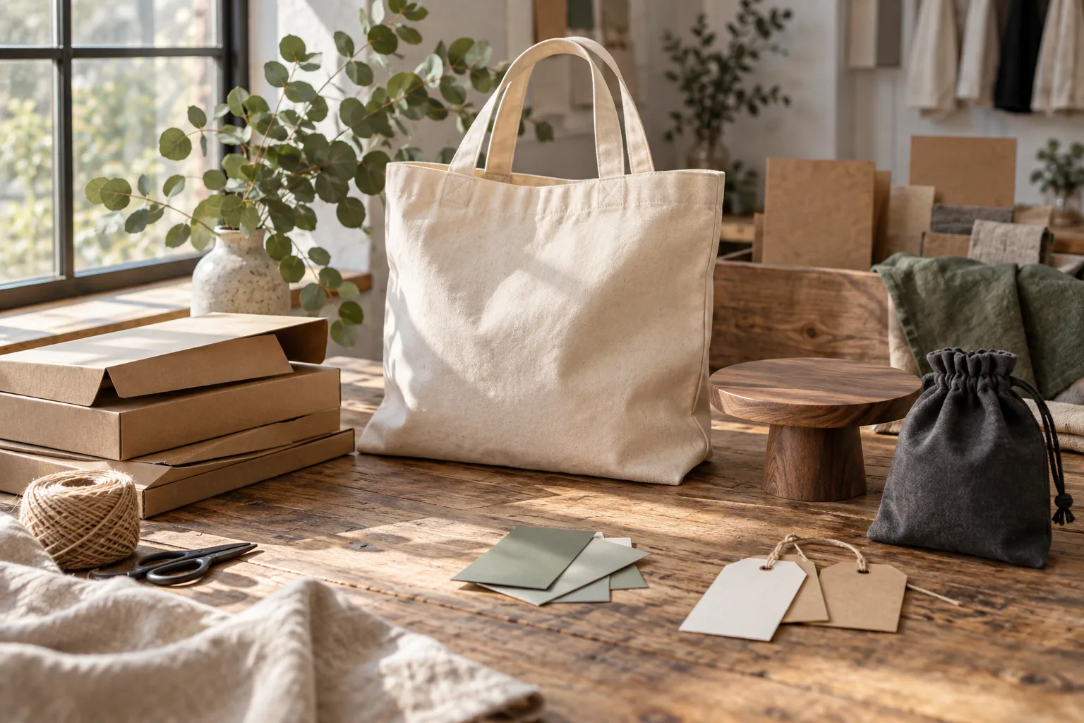 布バッグ、ポーチ、紙箱と木製の展示台を並べた商品イメージ
