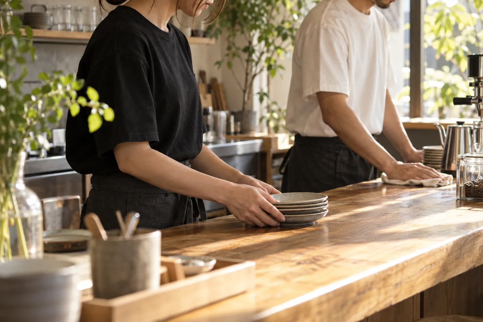 無地のTシャツを着たスタッフが、自然光の入るカフェで働く風景