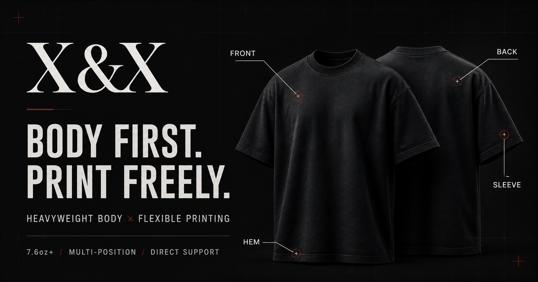 X&Xの厚手ブラックTシャツ。前面、背面、袖、裾の印刷位置を示したブランドビジュアル